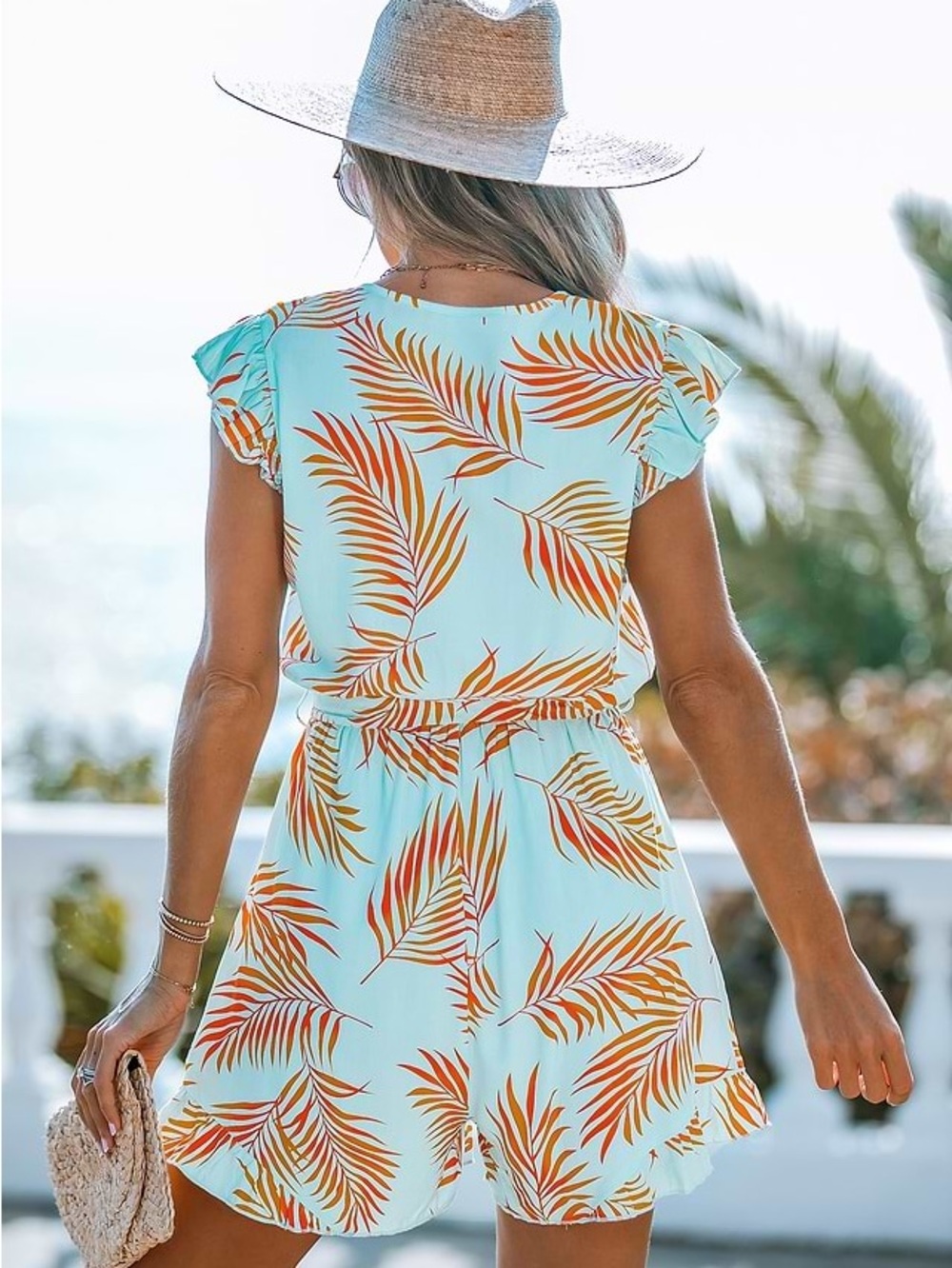 Cupshe Aqua Tropical Leaf Wrap Midi Romper with Orange Leaves - Picture 2 of 7